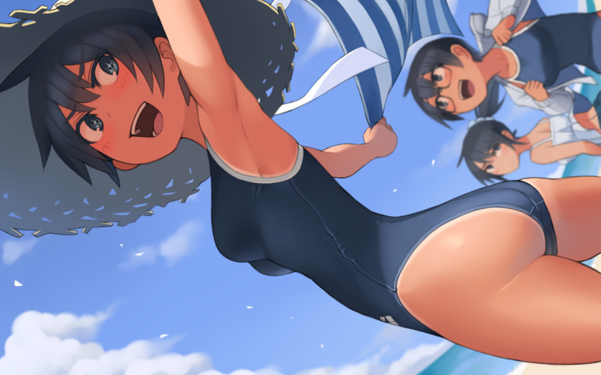 +_+, 3girls, :d, arena_(company), armpits, ass, back, bangs