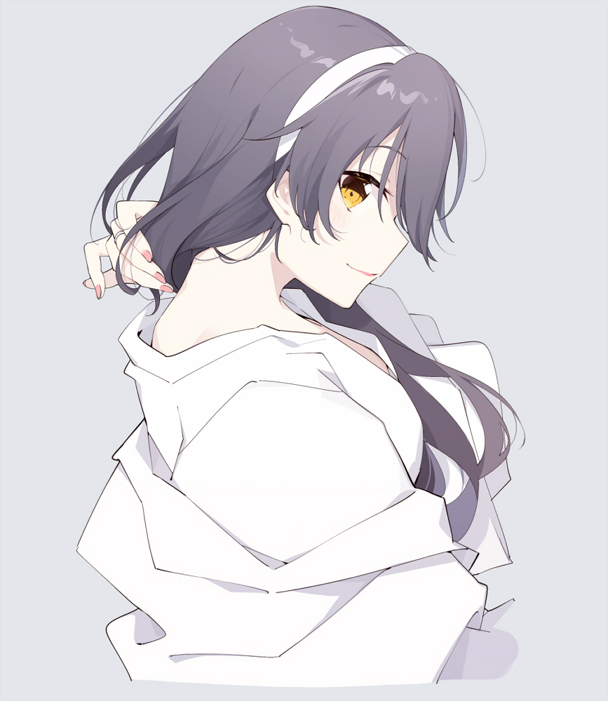 1girl, from_side, grey_background, hair_over_shoulder, hairband, haruna_(kantai_collection), ieufg, kantai_collection