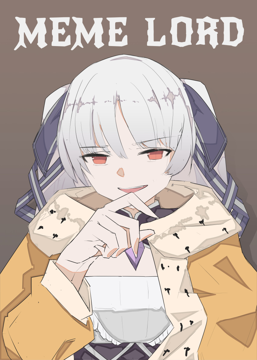 1girl, absurdres, artia, bangs, brown_background, english_text, ghett0taku, grey_hair, highres, hololive, hololive_china, long_hair, open_mouth, red_eyes, two_side_up, virtual_youtuber