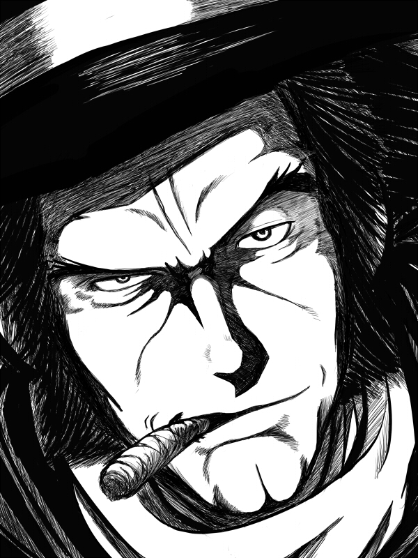 1boy, black_hair, black_headwear, cigar, cleft_chin, greyscale, hat, looking_at_viewer, lue_(heizo), monochrome, mouth_hold, portrait, sentou_mecha_xabungle, serious, solo, timp_sharon