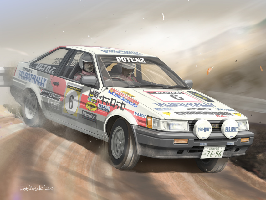 2boys, artist_name, car, drifting, driving, glasses, ground_vehicle, helmet, jettoburikku, motion_blur, motor_vehicle, multiple_boys, original, racecar, toyota_corolla_levin, vehicle_focus