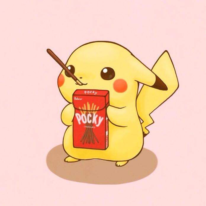 brown_eyes, commentary_request, food, gen_1_pokemon, holding, mouth_hold, no_humans, pachipachi326, paws, pikachu, pocky, pocky_day, pokemon, pokemon_(creature), solo, standing