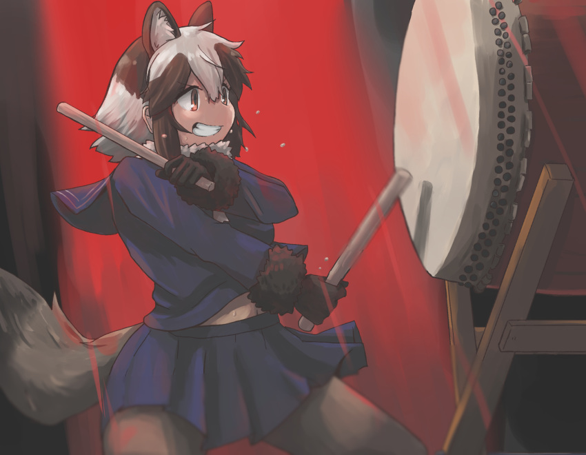 1girl, action, animal_ears, blue_skirt, blue_sweater, brown_fur, brown_gloves, brown_hair