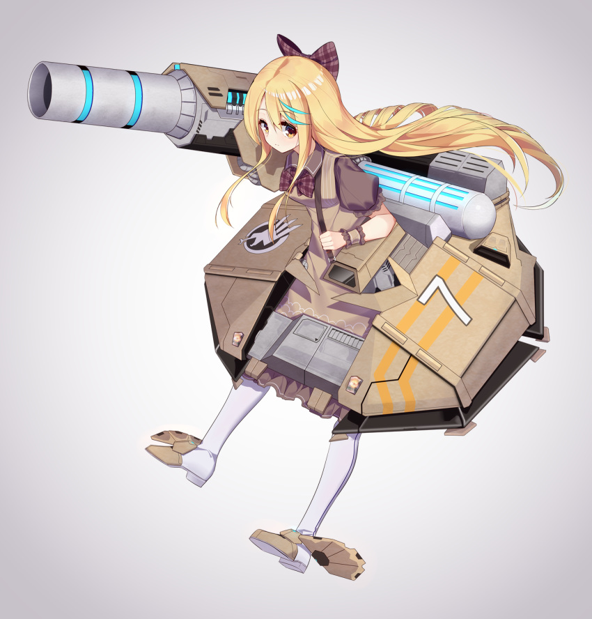 1girl, blonde_hair, bow, bowtie, brown_dress, cannon, command_and_conquer, ddt_(darktrident)