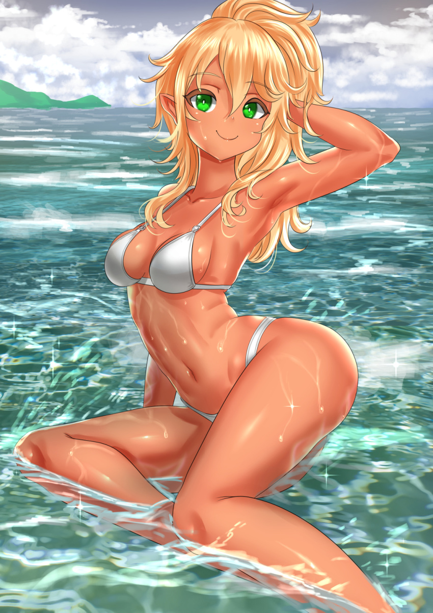 1girl, bikini, blonde_hair, breasts, clouds, day, elf, green_eyes