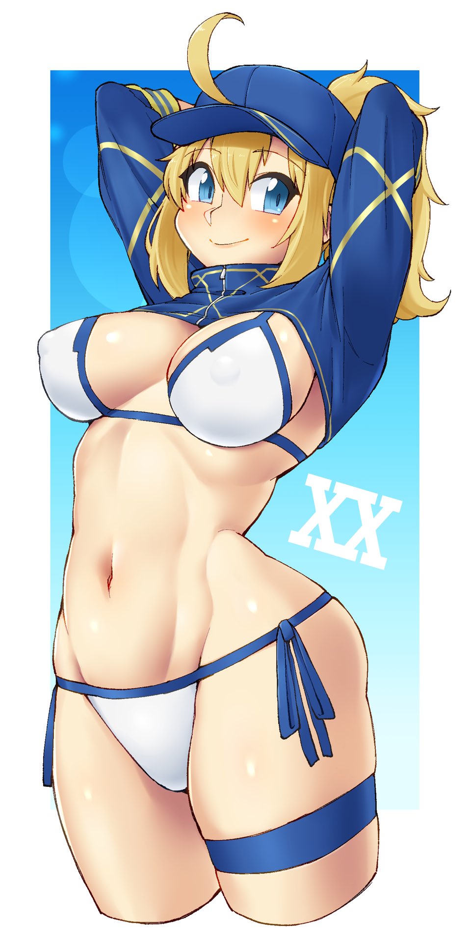 1girl, ahoge, arms_behind_head, artoria_pendragon_(all), baseball_cap, bikini, blue_headwear, blue_jacket