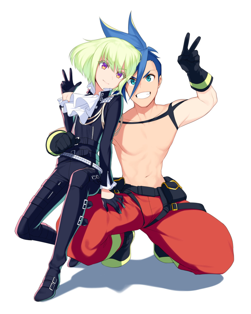 2boys, absurdres, androgynous, aqua_eyes, belt, belt_buckle, black_gloves, black_jacket