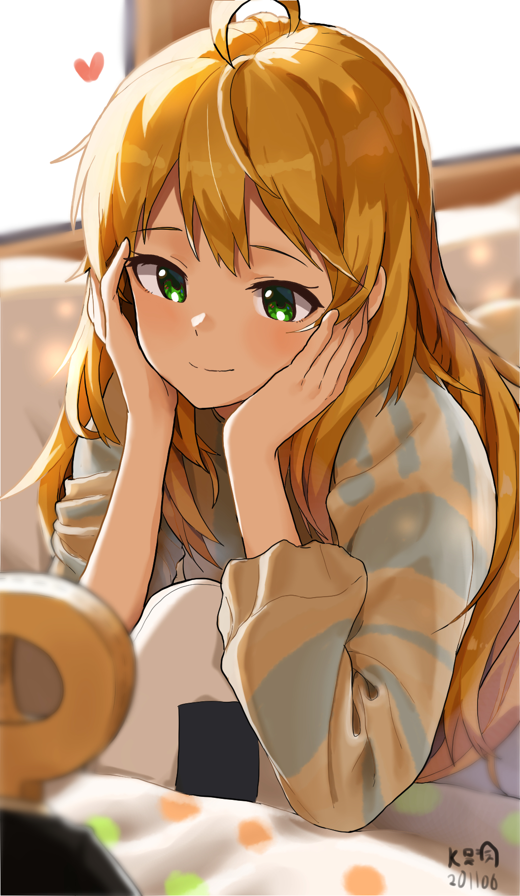 1girl, ahoge, blonde_hair, blurry, blurry_background, dated, food, green_eyes