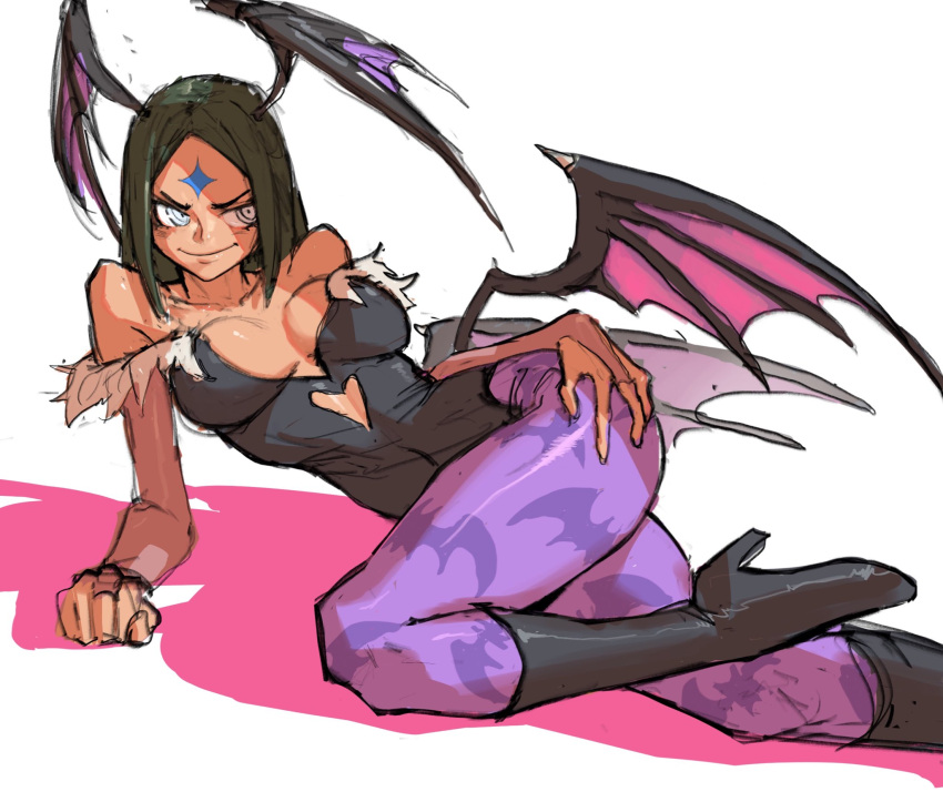 1girl, animal_print, arm_support, bangs, bat_print, bat_wings, black_footwear, black_leotard, boots, bridal_gauntlets, closed_mouth, clothing_cutout, commentary, cosplay, covered_navel, detached_sleeves, edpan, english_commentary, facial_mark, forehead_mark, green_hair, grey_eyes, head_wings, heart_cutout, high_heel_boots, high_heels, highres, leotard, long_hair, low_wings, lying, morrigan_aensland, morrigan_aensland_(cosplay), on_side, original, pantyhose, parted_bangs, print_legwear, purple_legwear, rima_(edpan), ringed_eyes, simple_background, smile, solo, vampire_(game), white_background, wings