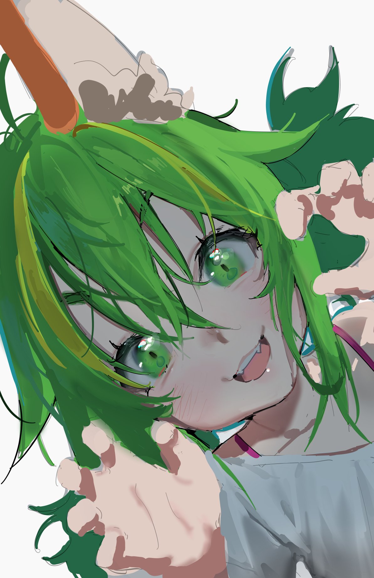 1girl, :3, :d, animal_ears, claw_pose, close-up, commentary, english_commentary