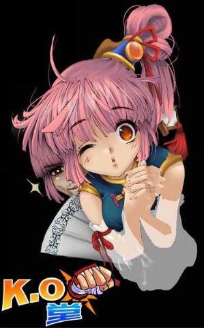 1girl, brown_eyes, detached_sleeves, dual_persona, facial_hair, mini_fighter, official_art, pink_hair, side_bun, tian_(mini_fighter), wink