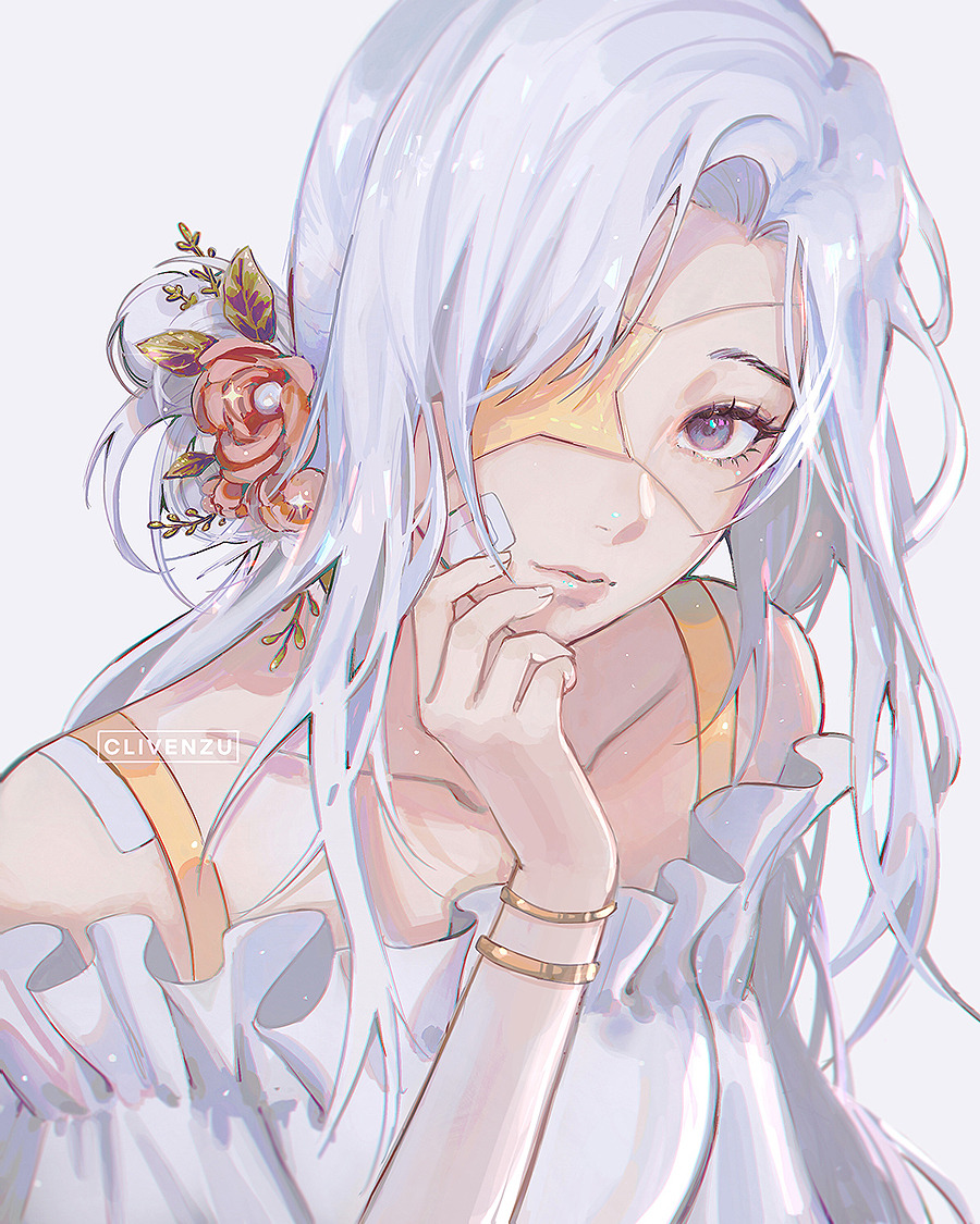 1girl, artist_name, bandage_on_face, bandages, bandaid, bandaid_on_cheek, bangs, blue_eyes, bra, bra_strap, bracelet, camellia, clivenzu, closed_mouth, collarbone, commentary, dress, english_commentary, eyebrows, eyepatch, face, fingernails, flower, frilled_shirt, frills, grey_background, hair_flower, hair_intakes, hair_ornament, hand_on_own_face, hand_up, head_tilt, jewelry, leaf, light_smile, lips, long_hair, looking_at_viewer, one_eye_covered, original, red_flower, ring, shirt, silver_hair, simple_background, smile, solo, star_(clivenzu), star_(symbol), star_eyepatch, underwear, upper_body, violet_eyes, white_background, white_dress, white_hair, white_shirt, yellow_bra