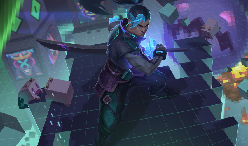 1boy, absurdres, armor, black_hair, blue_eyes, blue_hair, brand_(league_of_legends), clenched_teeth