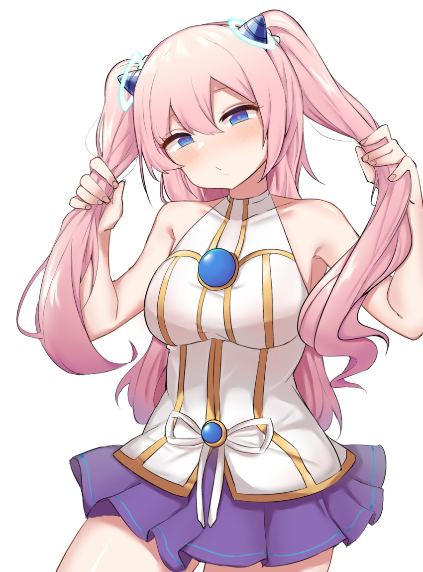 1girl, angelic_buster, armpits, bangs, bare_shoulders, blue_eyes, breasts, hair_between_eyes, hair_ornament, highres, holding, holding_hair, large_breasts, long_hair, maplestory, pink_hair, pleated_skirt, purple_skirt, ribbon, rkwowlqrp, shirt, skirt, sleeveless, sleeveless_shirt, solo, twintails