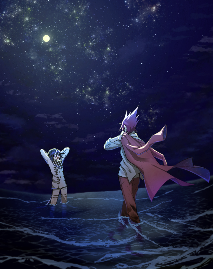 2boys, :d, arms_up, bangs, brown_pants, checkered, checkered_scarf, commentary_request