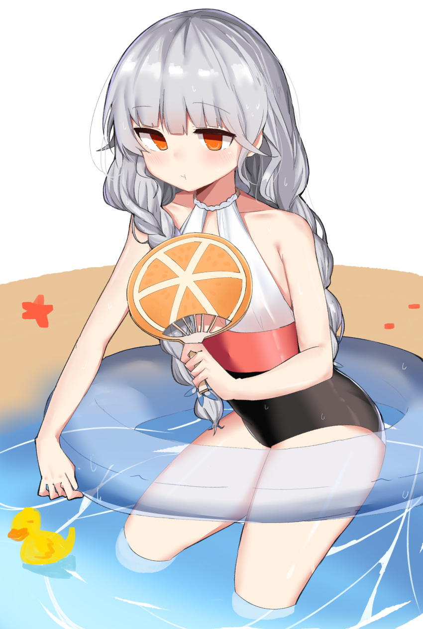 1girl, absurdres, bare_shoulders, braid, closers, eyebrows_visible_through_hair, fan, from_side, highres, holding, holding_innertube, innertube, long_hair, multicolored, multicolored_clothes, multiple_braids, one-piece_swimsuit, orange_eyes, partially_submerged, pout, rkwowlqrp, rubber_duck, silver_hair, swimsuit, tina_(closers), water