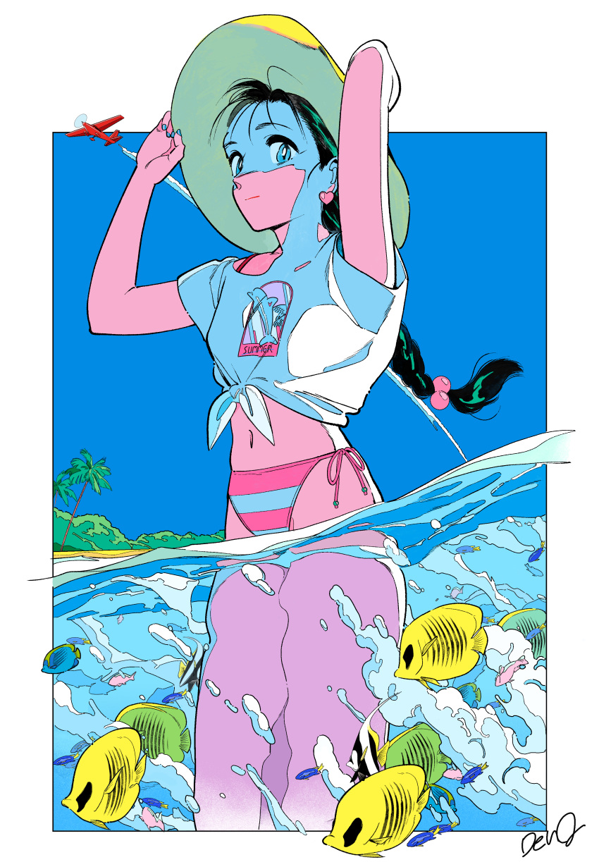 1girl, absurdres, aircraft, airplane, arms_up, bikini, bikini_bottom, black_hair