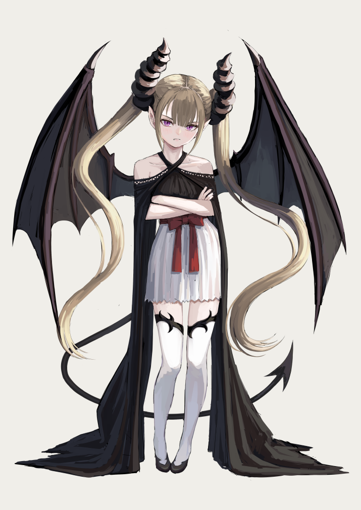 1girl, atsuyah0310, bare_shoulders, beige_background, black_footwear, blonde_hair, bow, closed_mouth, collarbone, crossed_arms, demon_girl, demon_horns, demon_tail, demon_wings, horns, long_hair, looking_at_viewer, original, pointy_ears, red_bow, simple_background, solo, standing, succubus, tail, thigh-highs, twintails, very_long_hair, violet_eyes, white_legwear, wings