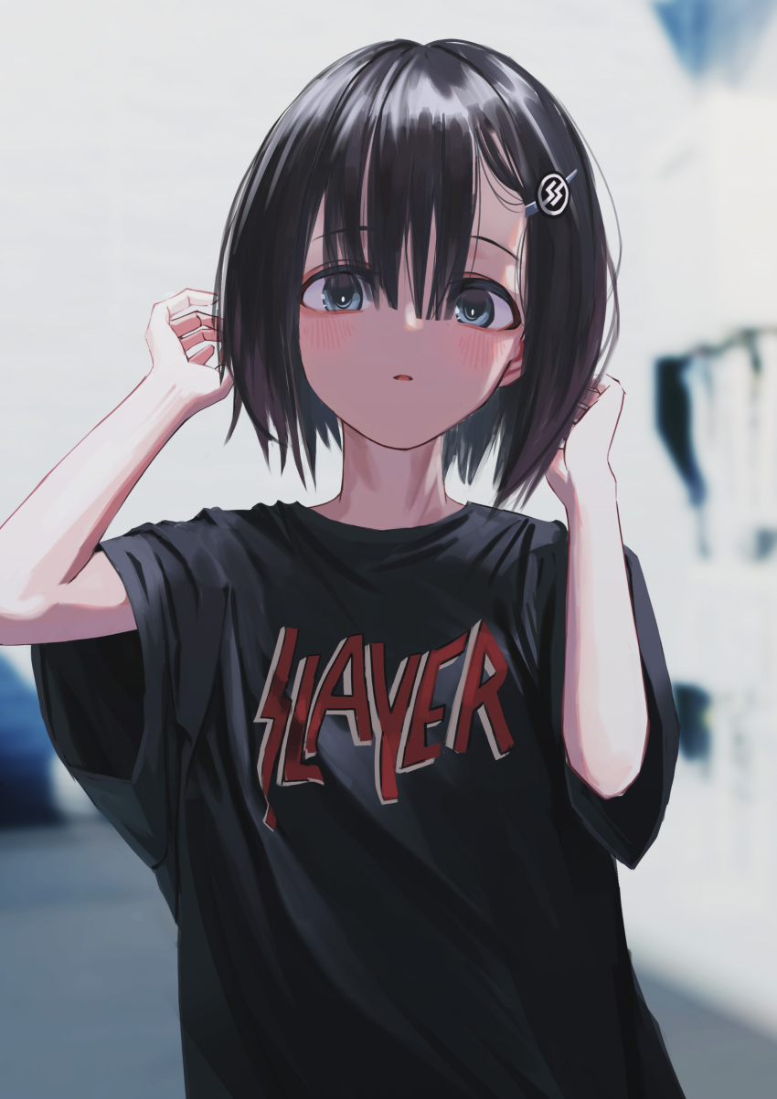 1girl, absurdres, black_shirt, blue_eyes, blurry, blurry_background, blush, bob_cut