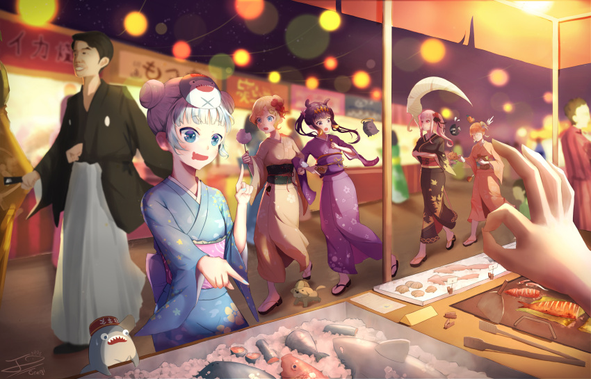 5girls, absurdres, arm_support, bang, bangs, black_kimono, bloop_(gawr_gura), blue_eyes, blue_hair, blue_kimono, blunt_bangs, breasts, bubba_(watson_amelia), bubble_tea, cotton_candy, crossed_arms, death-sensei_(mori_calliope), double_bun, eating, falling, fang, festival, finger_gun, fish, fish_market, food, gawr_gura, hair_up, halo, highres, hololive, hololive_english, ice, japanese_clothes, kimono, large_breasts, locked_arms, mask, medium_breasts, medium_hair, mori_calliope, multicolored_hair, multiple_girls, night, ninomae_ina'nis, ok_sign, orange_hair, orange_kimono, orenji_(user_fknw7775), pink_hair, pointy_ears, ponytail, purple_hair, purple_kimono, sandals, scythe, silver_hair, skin_fang, streaked_hair, summer_festival, takanashi_kiara, tako_(ninomae_ina'nis), tentacle_hair, twintails, virtual_youtuber, walking, watson_amelia, yukata