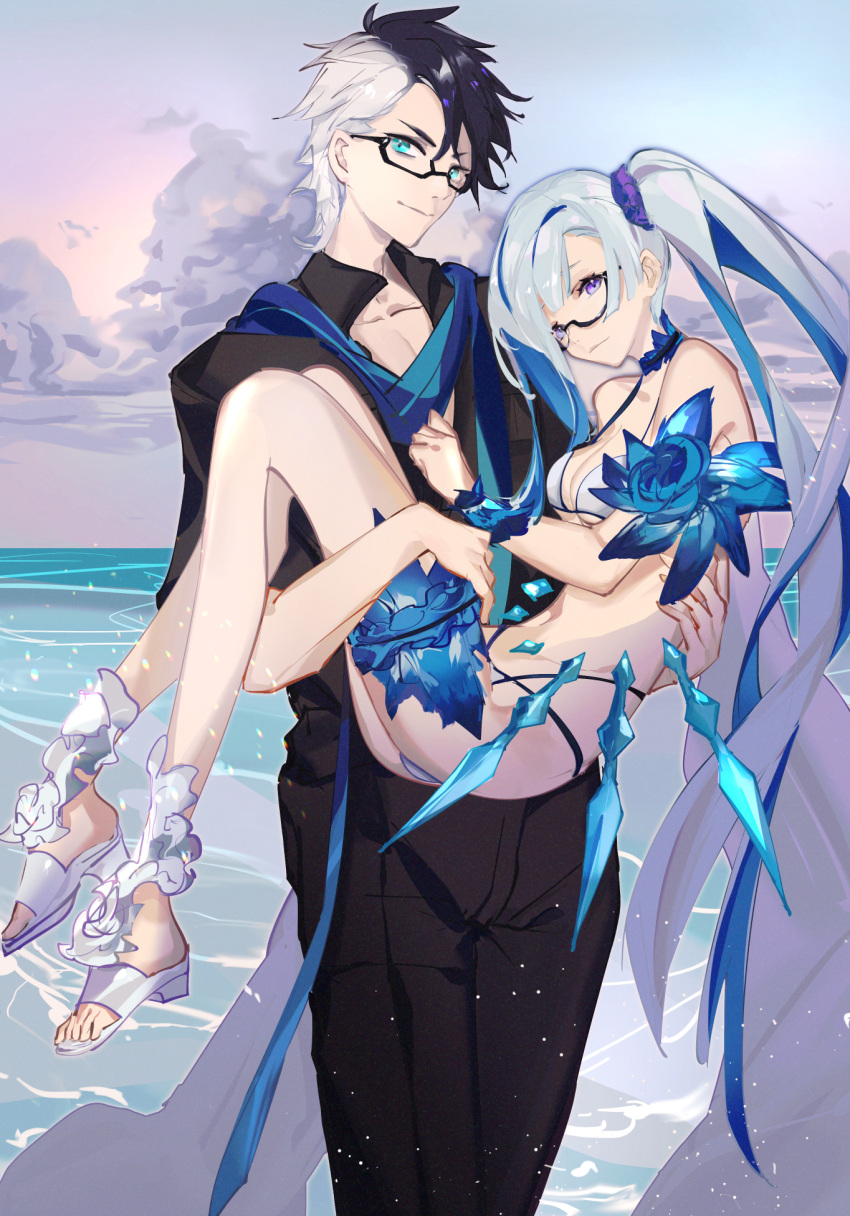 1boy, 1girl, aonogura, bikini, black-framed_eyewear, black_hair, black_pants, black_shirt