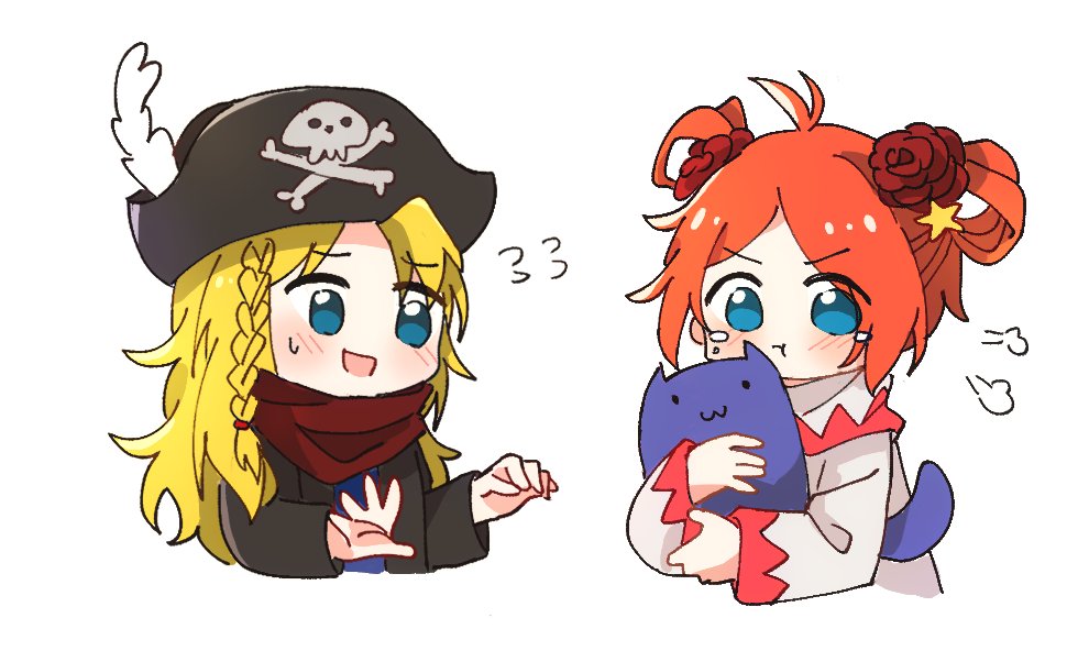 1boy, 1girl, :3, animal, apple_dkdksr, blonde_hair, blue_eyes, blush, cat, chibi, cropped_torso, dress, epic_battle_fantasy, flower, flying_sweatdrops, hair_flower, hair_ornament, hat, holding, holding_animal, holding_cat, matt_(epic_battle_fantasy), natalie_(epic_battle_fantasy), nolegs_(epic_battle_fantasy), orange_hair, pirate_hat, pout, red_scarf, scarf, simple_background, white_background, white_dress