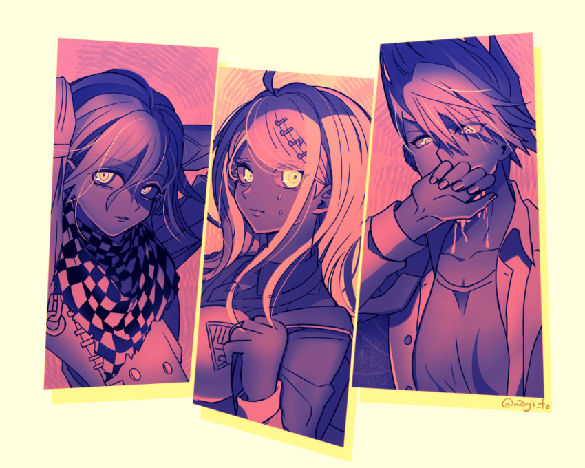 1girl, 2boys, ahoge, akamatsu_kaede, artist_name, bangs, blonde_hair, blood