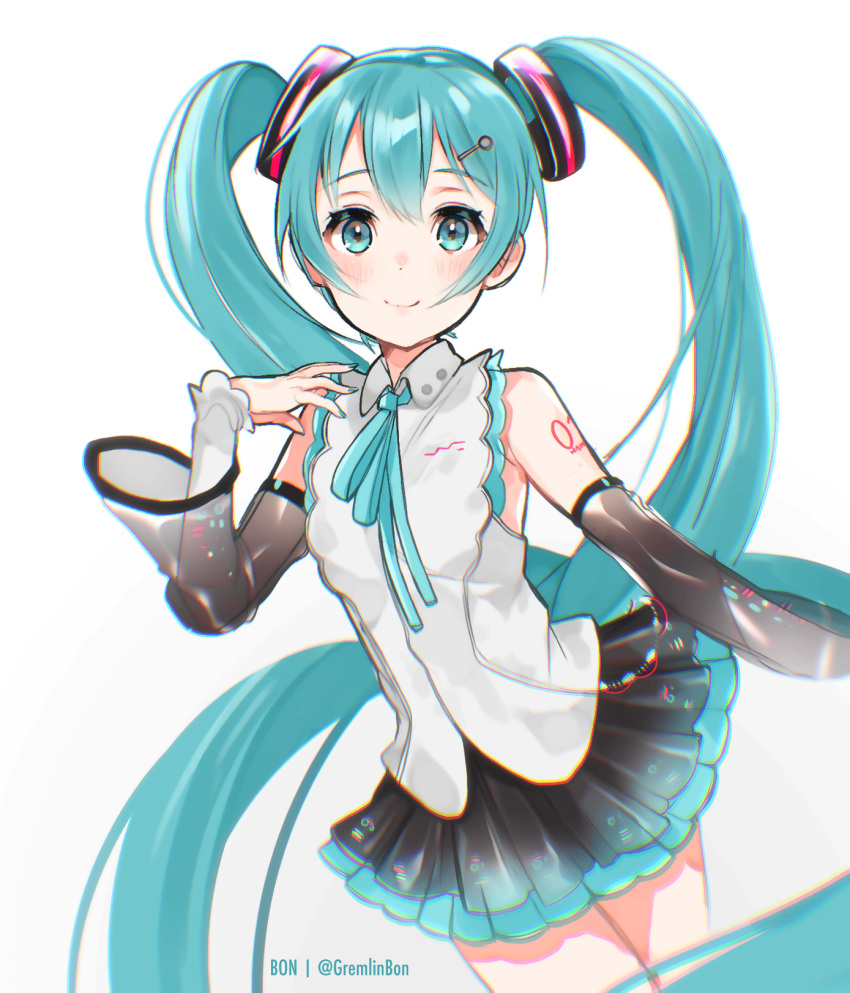 1girl, absurdly_long_hair, aqua_eyes, aqua_hair, aqua_nails, aqua_neckwear, bare_shoulders, black_skirt