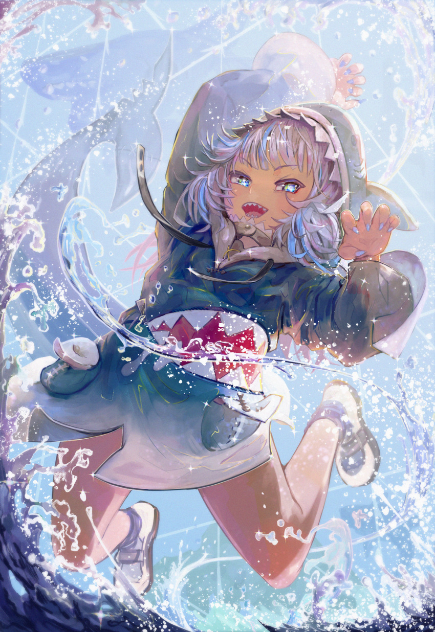 1girl, animal_costume, animal_hood, bangs, blue_eyes, blue_hair, blue_hoodie, blunt_bangs