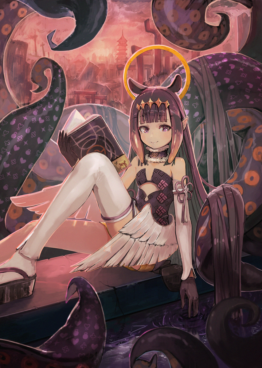 1girl, bangs, black_gloves, book, dress, gloves, hair_ornament, halo