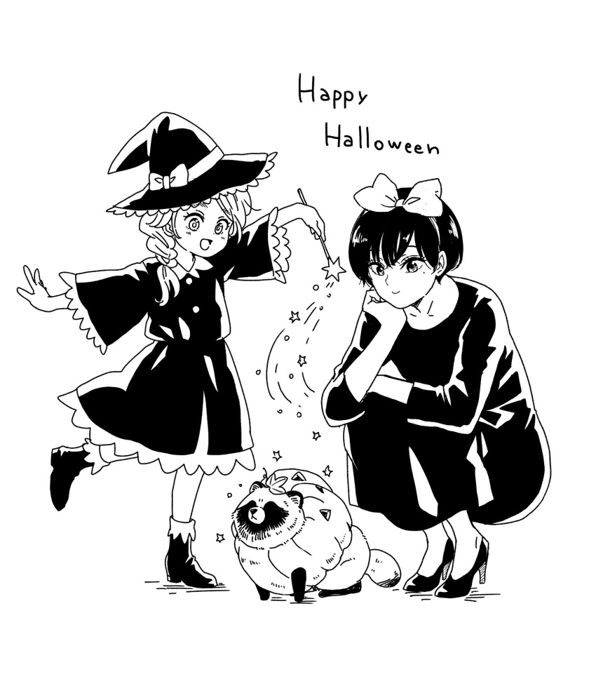 2girls, :d, ankle_boots, boots, bow, bow_hairband, child, closed_mouth, dress, english_text, greyscale, hair_bow, hairband, halloween_costume, happy_halloween, hat, hat_bow, high_heels, highres, holding, holding_wand, long_sleeves, looking_at_viewer, mole, mole_under_eye, monochrome, multiple_girls, nikaidou_kou, open_mouth, original, pumpkin, pumpkin_costume, simple_background, smile, squatting, standing, standing_on_one_leg, tanuki, tanuki_(nikaidou_kou), wand, white_background, witch, witch_hat
