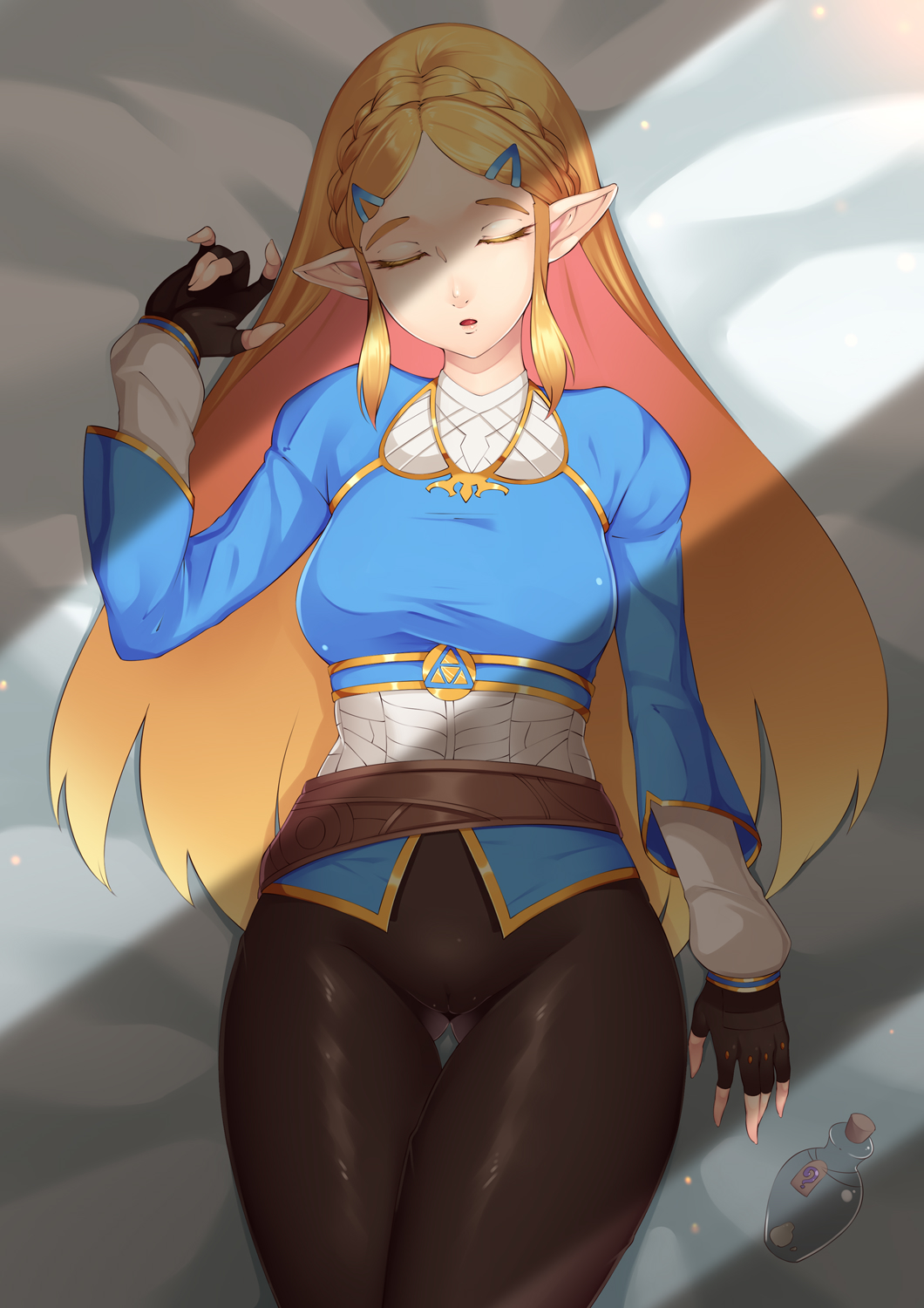 1girl, bed_sheet, blonde_hair, bluespice, braid, braiding_hair, breast_expansion, breasts, closed_eyes, crown_braid, hairdressing, highres, long_hair, lying, medium_breasts, open_mouth, pointy_ears, princess_zelda, sleeping, solo, sunlight, the_legend_of_zelda, the_legend_of_zelda:_breath_of_the_wild