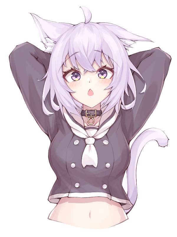 1girl, :o, ahoge, animal_ear_fluff, animal_ears, arms_behind_head, blush, breasts