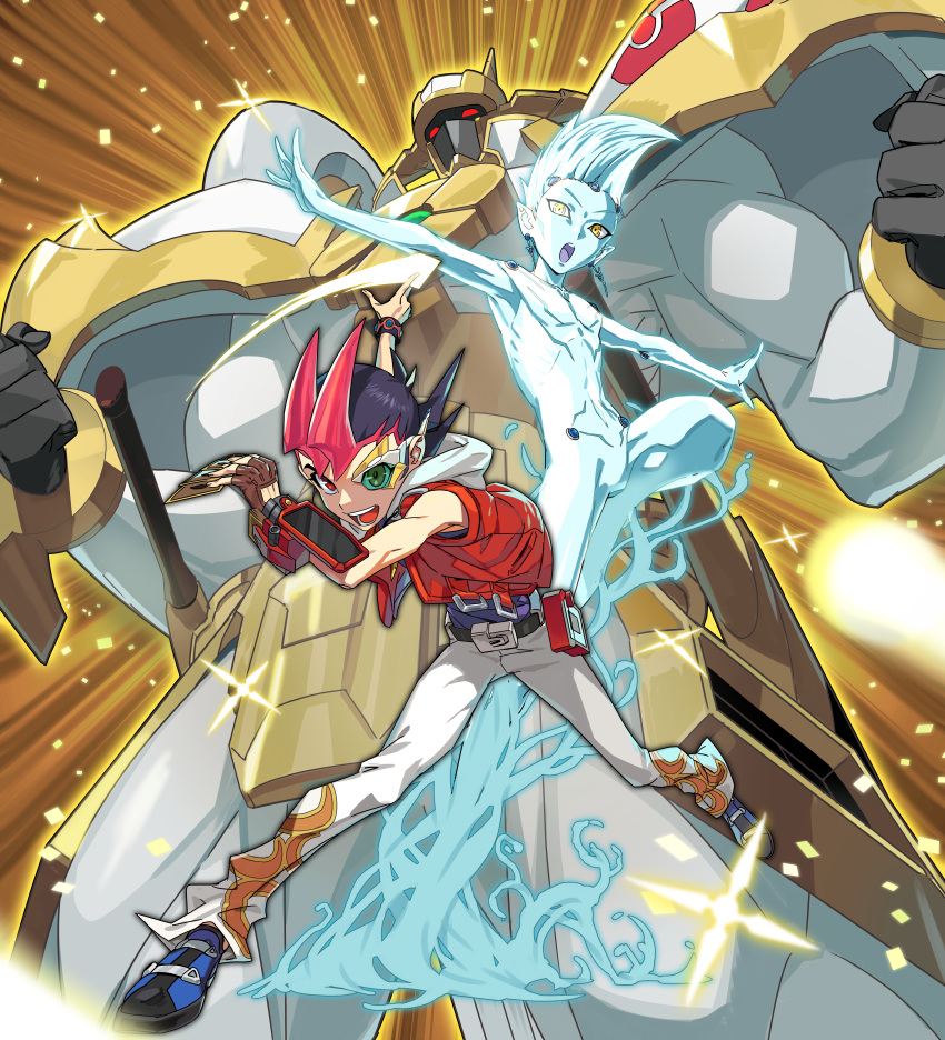 2boys, absurdres, alien, arm_up, armor, astral_(yu-gi-oh!), astral_(yuu-gi-ou_zexal), bare_shoulders, belt, black_hair, blue_footwear, blue_hair, bracelet, brown_gloves, card, clenched_hands, duel_disk, duel_monster, fingerless_gloves, fingernails, gloves, glowing, hico, highres, holding, holding_card, hood, hood_down, huge_filesize, jacket, jewelry, light_rays, male_focus, multicolored, multicolored_hair, multiple_boys, muscle, navel, nude, number_39_utopia, open_clothes, open_jacket, open_mouth, pauldrons, purple_tongue, red_eyes, red_jacket, redhead, scabbard, sheath, sheathed, shoulder_armor, single_glove, smile, sparkle, sword, teeth, tongue, tsukumo_yuuma, visor, weapon, white_legwear, yu-gi-oh!, yu-gi-oh!_zexal