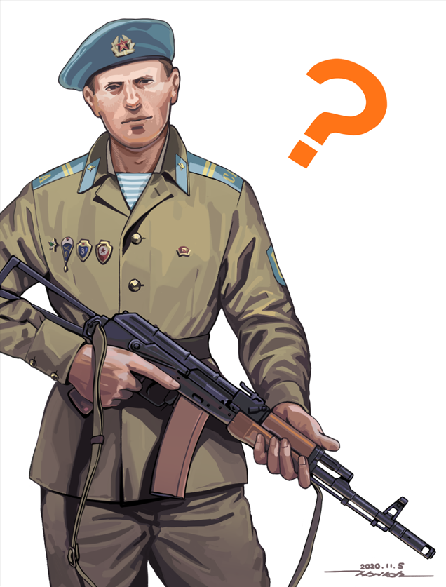 1boy, ?, assault_rifle, badge, black_eyes, brown_hair, brown_pants, closed_mouth