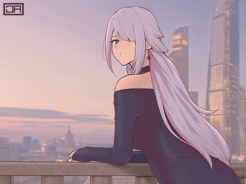 1girl, against_railing, ak-15_(girls_frontline), bare_shoulders, black_choker, blurry, blurry_background, building