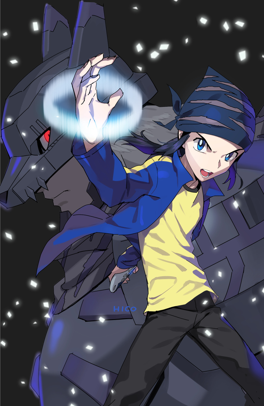 1boy, absurdres, bandana, black_hair, blue_eyes, blue_headband, blue_jacket, blue_pupils