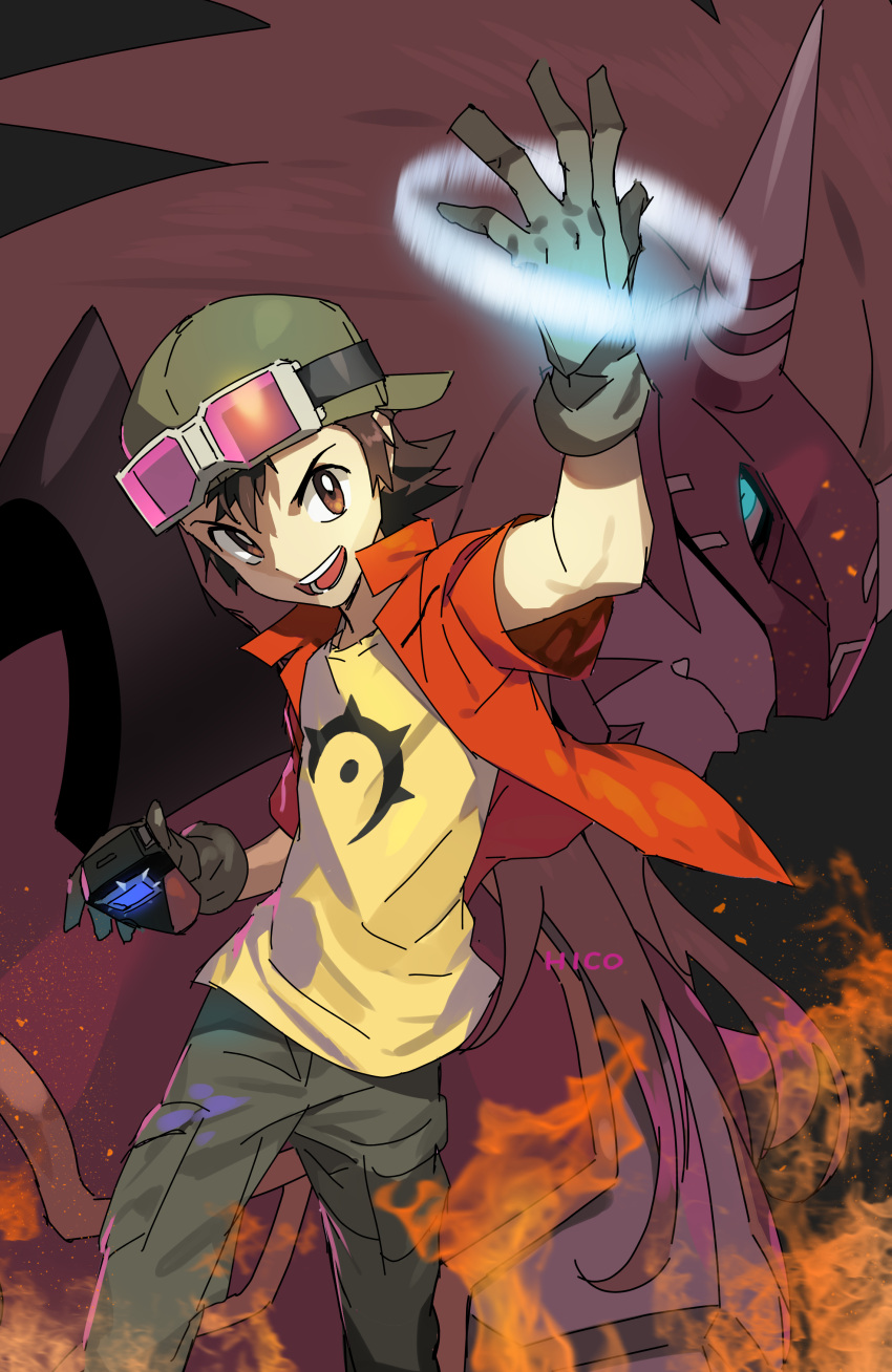 1boy, absurdres, agnimon, blue_eyes, blue_pupils, brown_eyes, brown_gloves, brown_hair