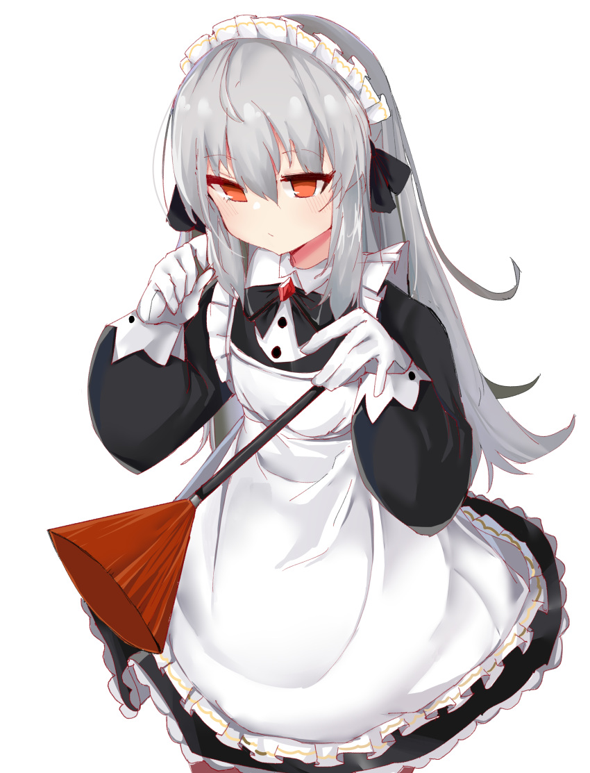 1girl, absurdres, alternate_costume, apron, bangs, black_dress, black_ribbon, blush