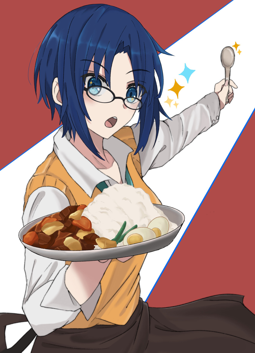 1girl, absurdres, apron, blue_eyes, blue_hair, blush, ciel, curry, curry_rice, egg, food, glasses, highres, pikaremon, rice, short_hair, solo, spoon, sweater_vest, tsukihime, vest, yellow_vest