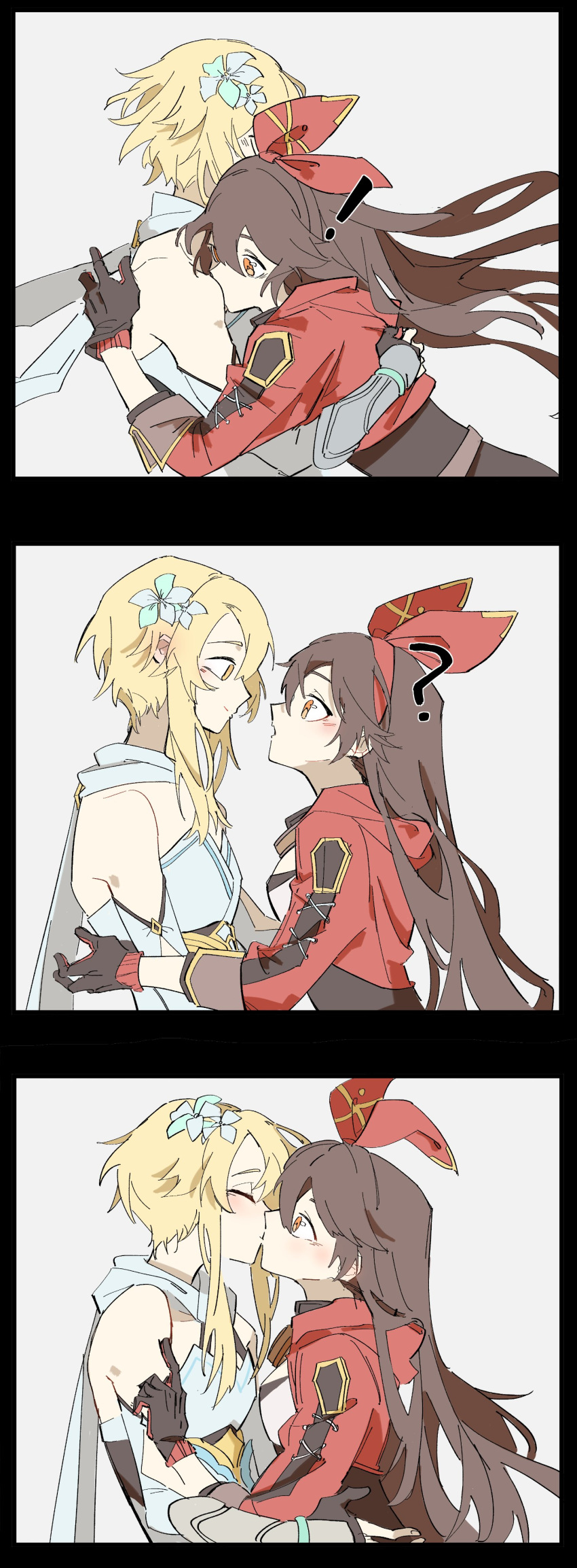 !, 2girls, absurdres, amber_(genshin_impact), bangs, bare_shoulders, baron_bunny, blonde_hair