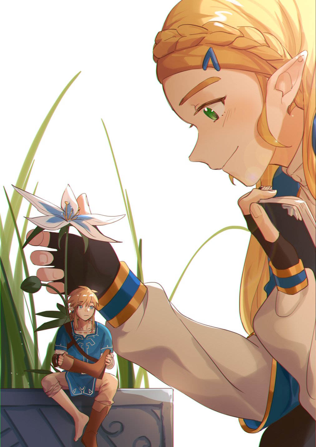 1boy, 1girl, bangs, black_gloves, blonde_hair, blue_eyes, blue_shirt, book