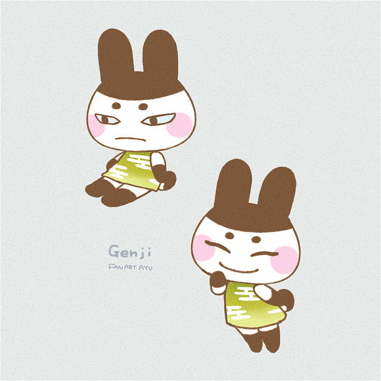 1boy, animal_ears, artist_name, ayu_(mog), bare_shoulders, barefoot, black_eyes, blue_sclera, blush_stickers, bottomless, bunny_tail, character_name, closed_eyes, closed_mouth, commentary_request, doubutsu_no_mori, english_text, full_body, furry, genji_(doubutsu_no_mori), green_shirt, grey_background, hand_up, happy, male_focus, multiple_views, rabbit_ears, shirt, signature, simple_background, sitting, sleeveless, sleeveless_shirt, smile, standing, tail