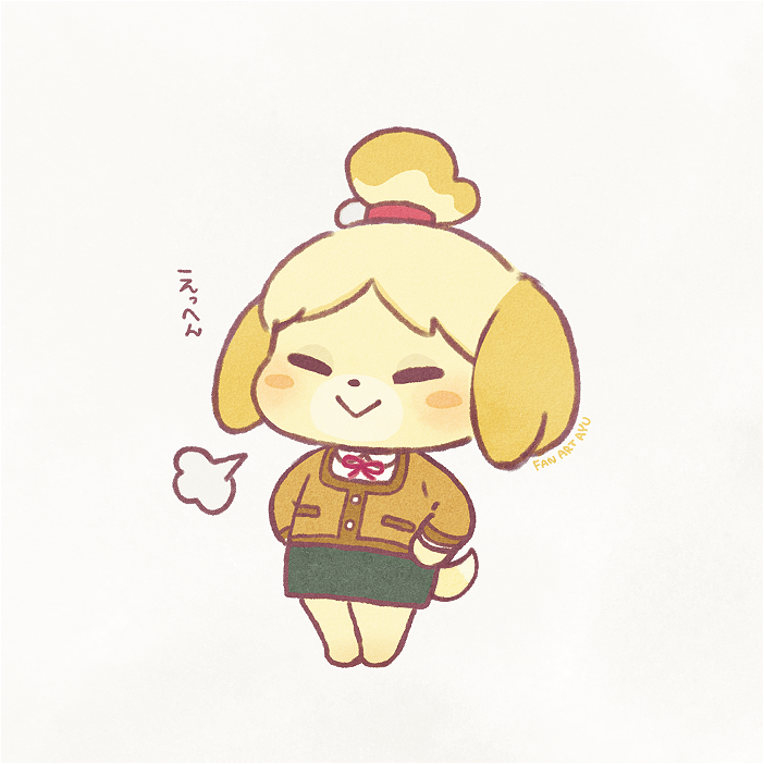1girl, =3, animal_ears, artist_name, ayu_(mog), barefoot, blonde_hair, blush_stickers, closed_eyes, closed_mouth, commentary_request, dog_ears, dog_girl, dog_tail, doubutsu_no_mori, full_body, furry, green_skirt, hair_tie, hands_on_hips, happy, jacket, long_sleeves, miniskirt, neck_ribbon, pencil_skirt, red_neckwear, red_ribbon, ribbon, shizue_(doubutsu_no_mori), short_hair, signature, simple_background, skirt, smile, solo, standing, tail, tied_hair, topknot, translation_request, white-shirt, white_background, yellow_jacket