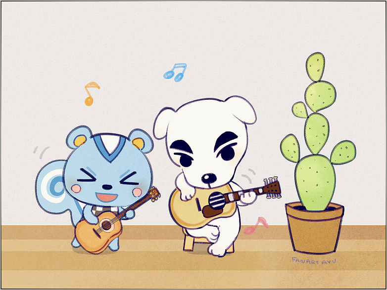 >_<, 2boys, animal_ears, artist_name, ayu_(mog), bare_shoulders, barefoot, black_eyes, blush, blush_stickers, bottomless, cactus, checkered, checkered_shirt, closed_eyes, commentary_request, dog_ears, doubutsu_no_mori, full_body, furry, guitar, happy, holding, indoors, instrument, light_blush, male_focus, multiple_boys, music, musical_note, open_mouth, paws, plant, playing_instrument, pot, ricky_(doubutsu_no_mori), shirt, signature, sitting, sleeveless, sleeveless_shirt, smile, squirrel_tail, standing, stool, tail, totakeke