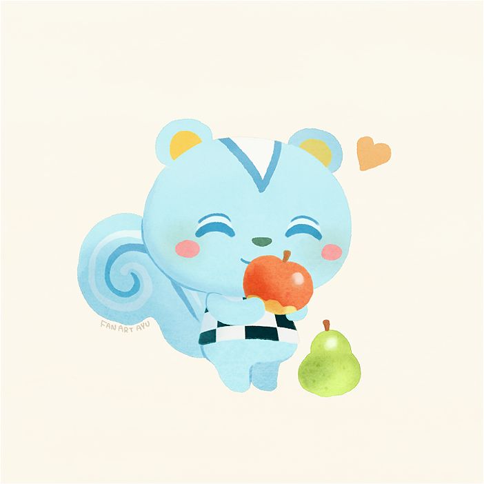 1boy, animal_ears, apple, artist_name, ayu_(mog), barefoot, beige_background, blush