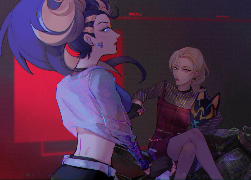 akali, blonde_hair, blue_eyes, cropped_jacket, dress, glowing, glowing_eye, glowing_eyes, ground_vehicle, helmet, highres, holding, jellyjelly, jewelry, league_of_legends, long_hair, long_sleeves, looking_at_viewer, makeup, motor_vehicle, multicolored_hair, ponytail, red_dress, red_eyes, short_hair, sitting, soyeon
