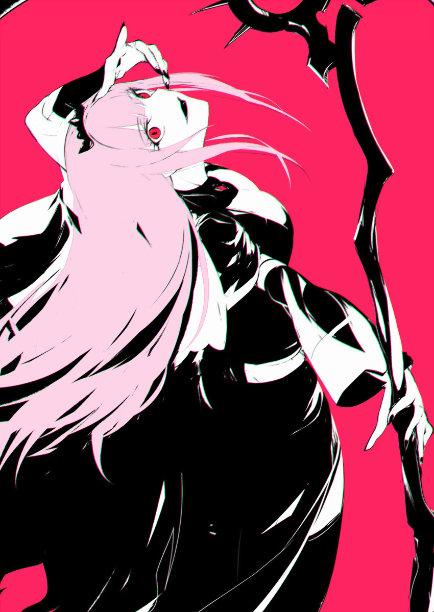 1girl, black_lips, black_nails, floating_hair, highres, holding, holding_scythe, hololive