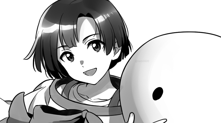 1boy, :d, amano_nagi, bangs, commentary_request, costume, grey_background, greyscale, looking_at_viewer, male_focus, monochrome, open_mouth, parted_bangs, sayshownen, shiny, shiny_hair, short_hair, smile, solo, tenki_no_ko, teruterubouzu, twitter_username, upper_body, watermark