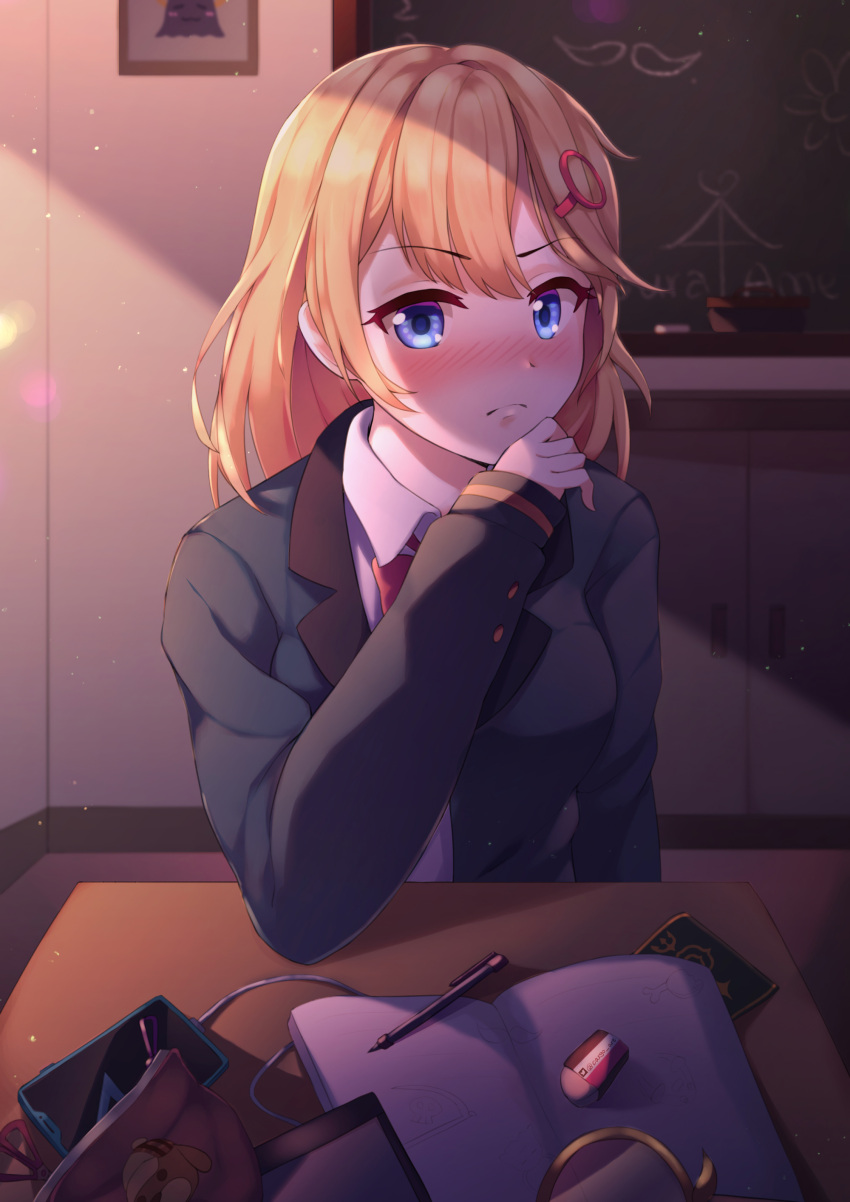 1girl, absurdres, blonde_hair, blue_eyes, blush, cargo_(pixiv27244088), evening, highres